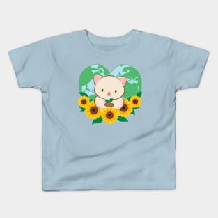 Love Our Planet Cute White Cat and Sunflowers Kawaii Earth Day Kids T-Shirt